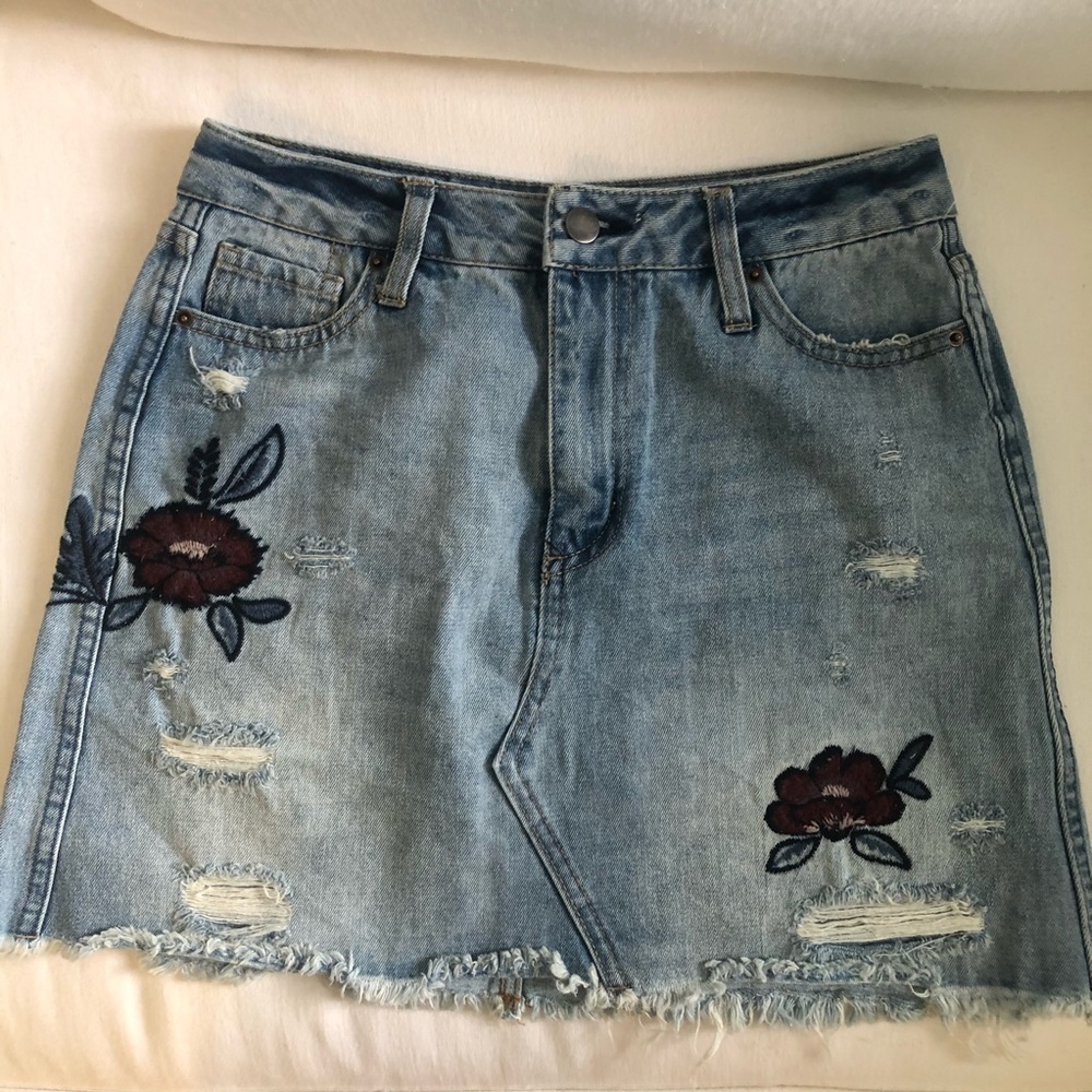 Embroidered Jean Skirt